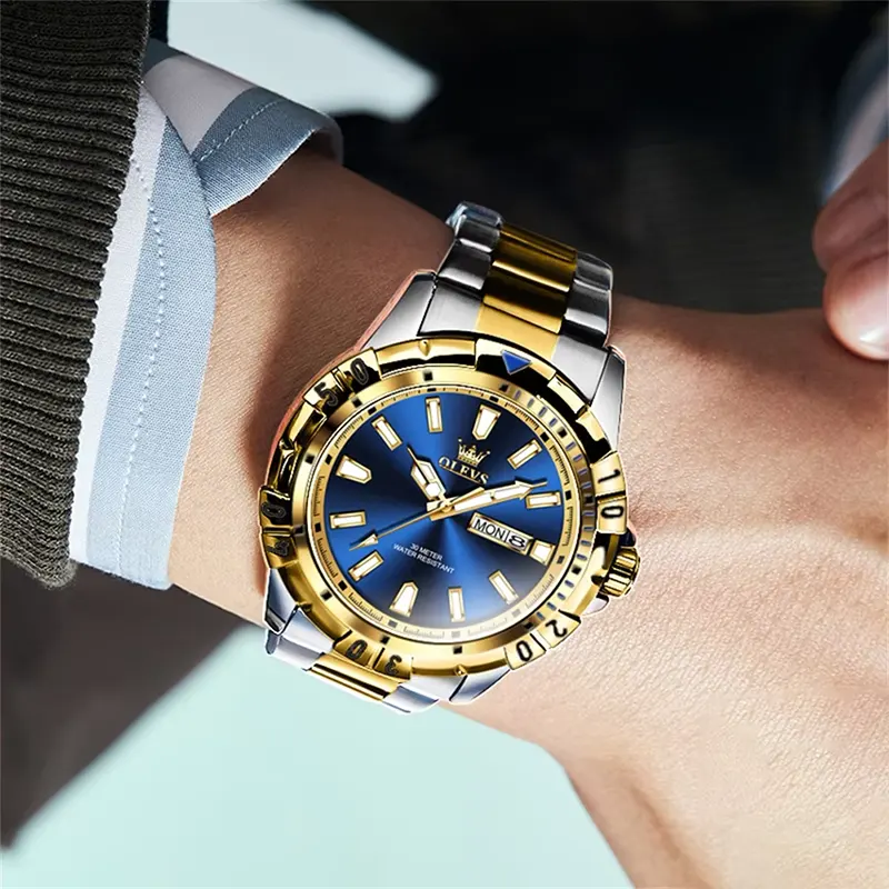 Olevs Blue Dial Two-tone Men's Watch- 5560